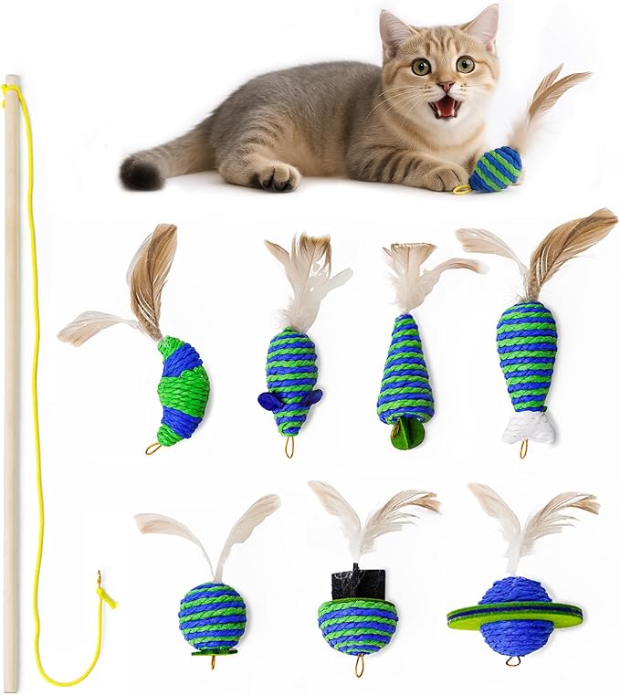 UTEE Cat Feather Wand Toy Set – Interactive Teaser Wand with 7 Replacement Feather Heads, Eco-Friendly Rope Design, Stimulating Indoor Play for Exercise & Bonding (Blue & Green)