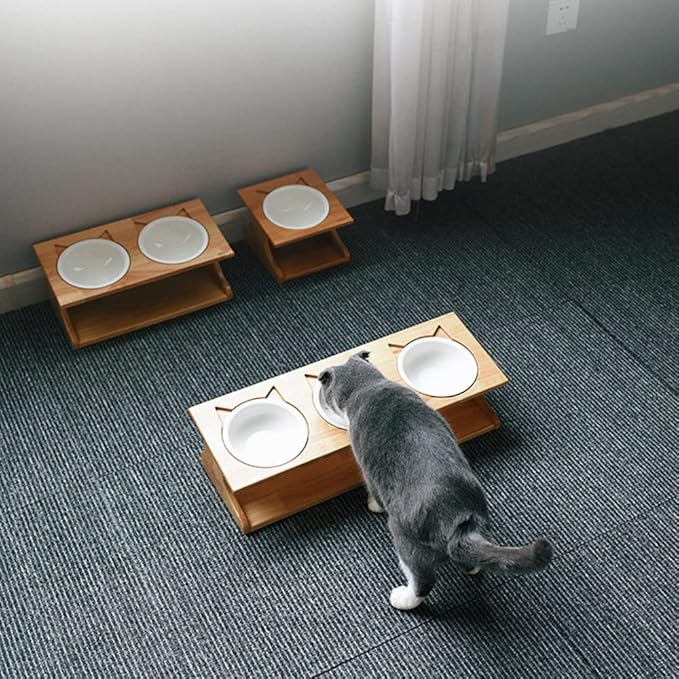 Cat Bowls Pet Dining Table with Raised Slope Wooden Stand Elevated Pet Bowls with Oblique Stand for More Comfortable Eating for Cats, Dogs, Kitten and Puppy (Double Bowl, Ceramics)