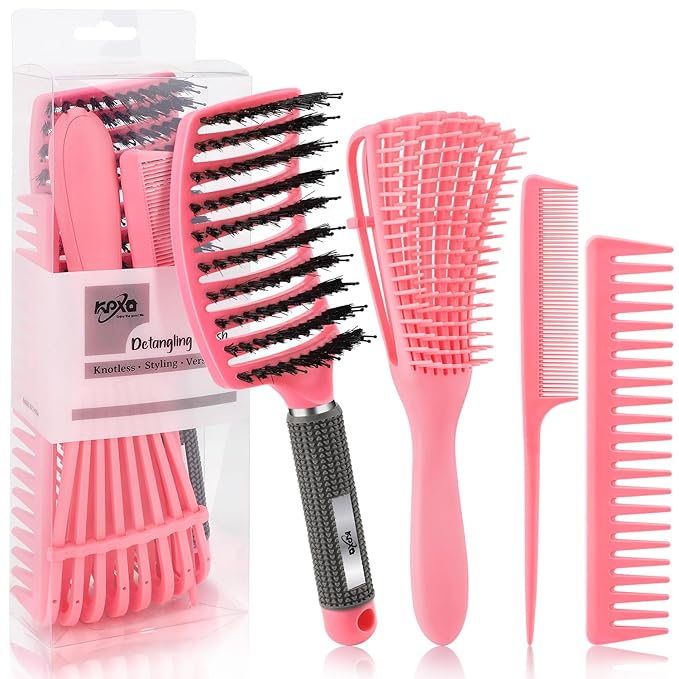 4pcs Curly Brush Set for Adult & Kids Wet or Dry Hair, Detangling Brush for 3/4ABC Hair with Wide Tooth Comb (4, Pink)