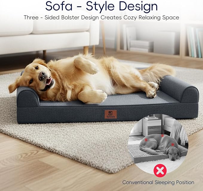 Sytopia Orthopedic Sofa Dog Bed for Extra Large Dogs 42x30 Inch, Waterproof Foam XL Pet Couch Bed with Sides, Non-Slip Egg-Crate Foam Large Dog Bed with Washable Removable Cover, Dark Grey