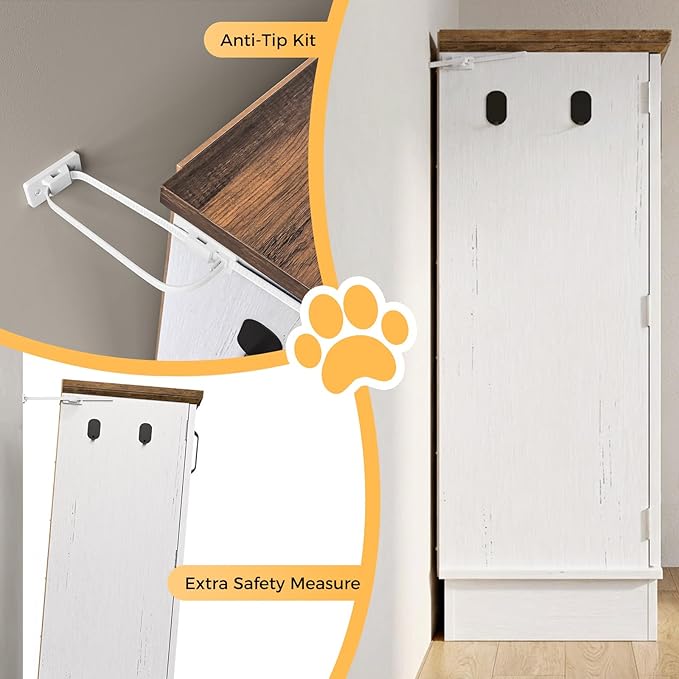 Pet Food Storage Cabinet with Bowls, Dog Food Feeding Station with Storage, Dog Food Cabinet with Adjustable Shelves, Hooks, Letter Stickers, Pet Organizer and Storage for Cat/Dog, White&Oak
