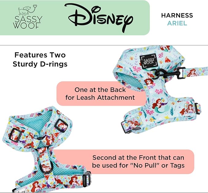Sassy Woof Dog Adjustable Harness - Disney Princess Little Mermaid Ariel - L, Breathable Mesh, No Pull Design with Two D-Rings, Ideal for Large Dogs - Officially Licensed