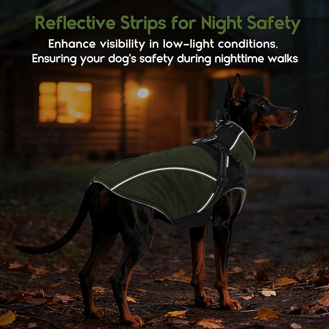 ASENKU Reflective Dog Coat with Built-in Harness, Windproof Fleece-Lined Dog Jacket for Small, Medium, Large Dogs, Warm Winter Vest with Turtleneck & Zipper (Green XL)