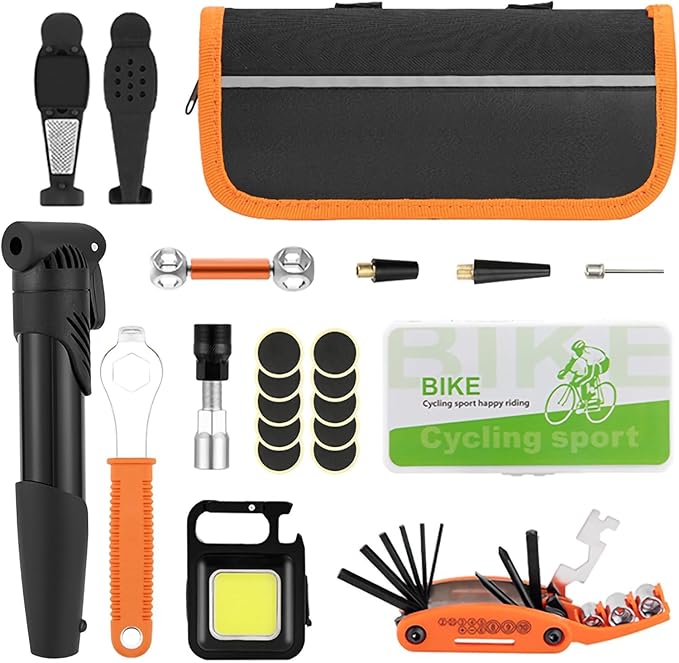 Bicycle Repair Kit with Pump & LED Light — 16-in-1 Portable Bike Tool Bag, Glueless Patches, Multi-Tool & Wrench Set for Road, Mountain & Camping Rides