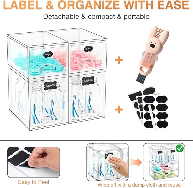 TOOGE Stackable Baby Bottle Organizer: Acrylic Bottle Organizer Baby Storage Drawers Clear Bottle Station Organization for Countertop Cabinet Vanity with 4 in 1 Cup Lid Cleaning Brush & Label - Tall