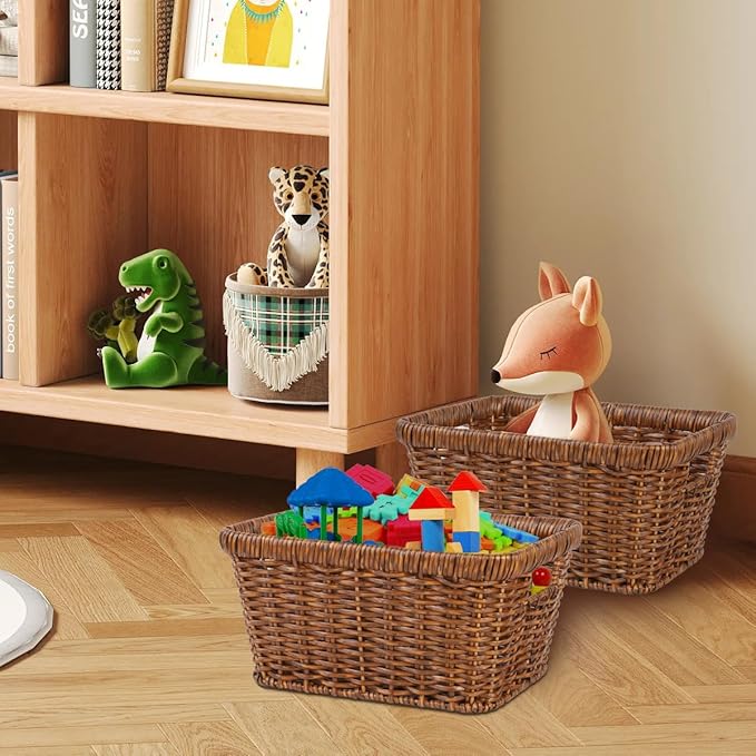 2pcs Wicker Storage Basket for Shelf, Waterproof Large Storage Baskets Bins with Handles, Stackable Rectangle Baskets for Shelves, Closet, Pantry, Laundry Organizing, Toffee