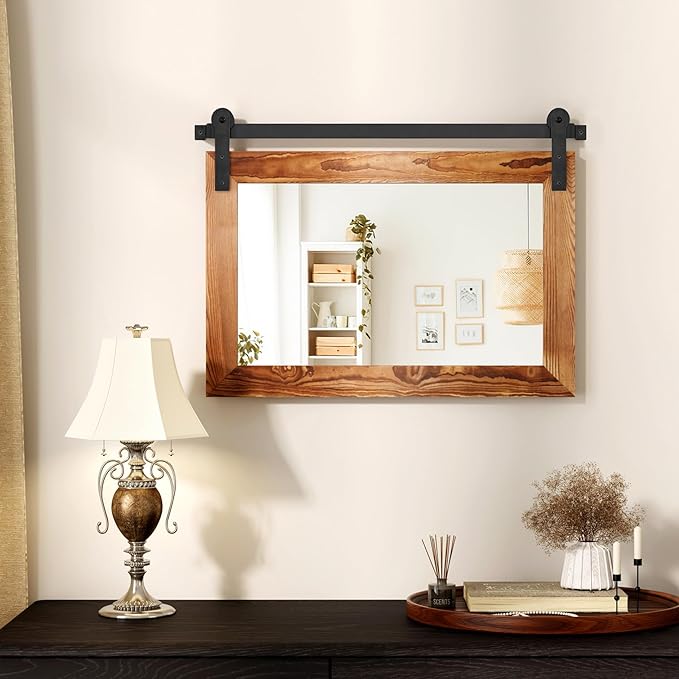 COGOOD Farmhouse Barn Door Mirror - 25 X 18 Rustic Wood Framed Decrative Mirror for Bathroom, Living Room, Entryway Wall Decor (Brown)