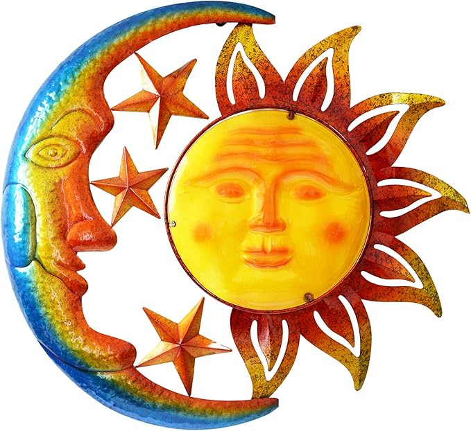 Large 19 Inch Metal Sun Moon Star Wall Art Decor, Bright Color Inspirational Celestial Decor, Resistant to Rust Metal Sculpture Hanging for Indoor Outdoor Home Living Room Office Yard Garden