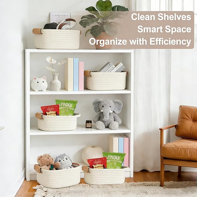 SVNR Beige Storage Baskets Set of 5, Woven Rope Shelf Bins for Organizing - Durable Cube Organizers for Closet, Nursery, Bedroom, Toy Storage with Handles, Modern Home Decor