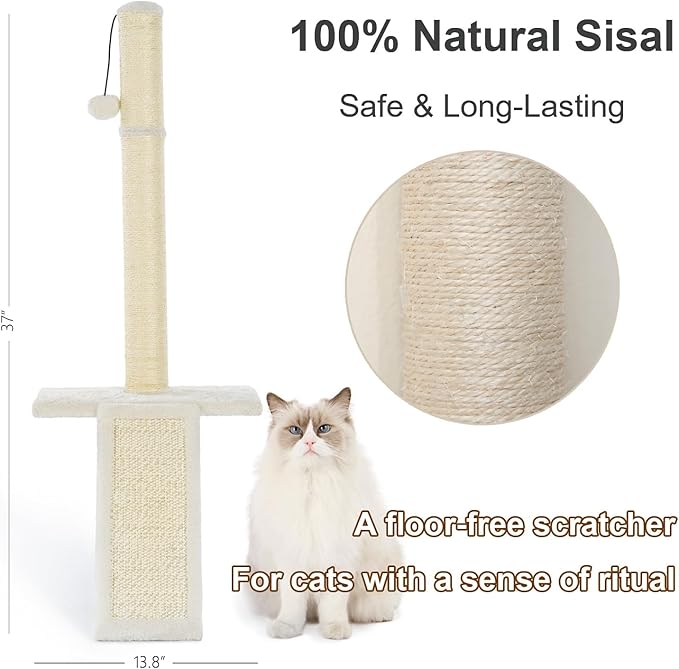 Wall-Mounted Cat Scratching Post – Space-Saving Sisal Scratcher with Ramp & Perch, Heavy-Duty Screw Mount for Stability, Protects Furniture, Ideal for Small Apartments & Large Cats, Beige