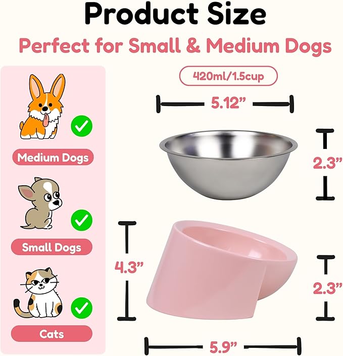 Tilted Dog Bowl for Flat-Faced & Senior Dogs, 15° Slanted Stainless Steel Dog Food Bowl, Elevated Pet Feeder for Small & Medium Dogs, Comfortable Eating Design (Pink, M (420 ML / 1.5 Cups))
