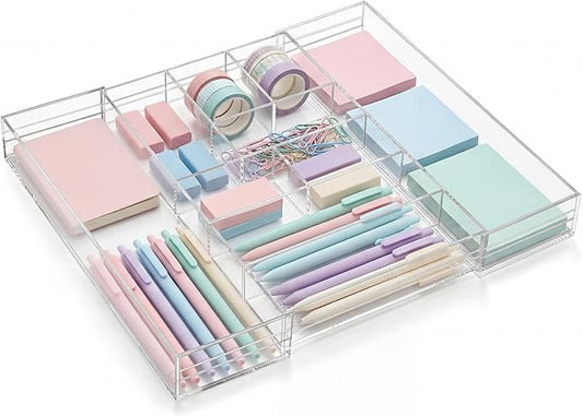 1 Pcs Acrylic Desk Drawer Organizer 2 Inch Height Expandable Drawer Organizer Trays with 9 Adjustable Compartments Desk Accessories for Makeup Silverware Office Bathroom(Clear)