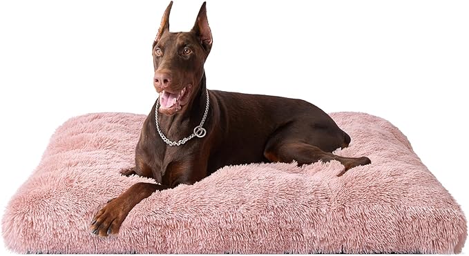 EHEYCIGA Fluffy XXL Dog Crate Pad, Plush Faux Fur Dog Bed for Extra Large Pets, Calming Anti Anxiety XXL Pet Bed, Washable Soft Warm Crate Mat with Non-Slip Bottom, Pink