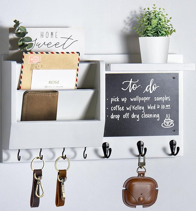 Key Holder for Wall - Mail Holder Organizer Wall Mount with Shelf - Hanging Key Rack Hanger with Hooks Decorative for Home Coat Letter Dog Leash Entryway Living Room Decor