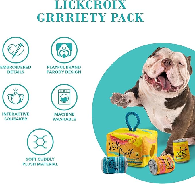 Haute Diggity Dog LickCroix Grrriety Pack, Plush Designer Dog Toys with Interactive Squeaker, Stimulating Pet Enrichment, Machine-Washable & Safe Materials for All Breeds, One Size