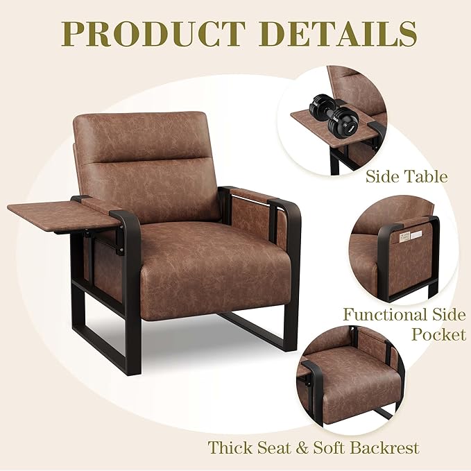 Modern PU Leather Accent Chairs Set of 2 Upholstered Armchairs with Tray Table Leisure Side Chairs for Living Room Bedroom Office Dark Brown