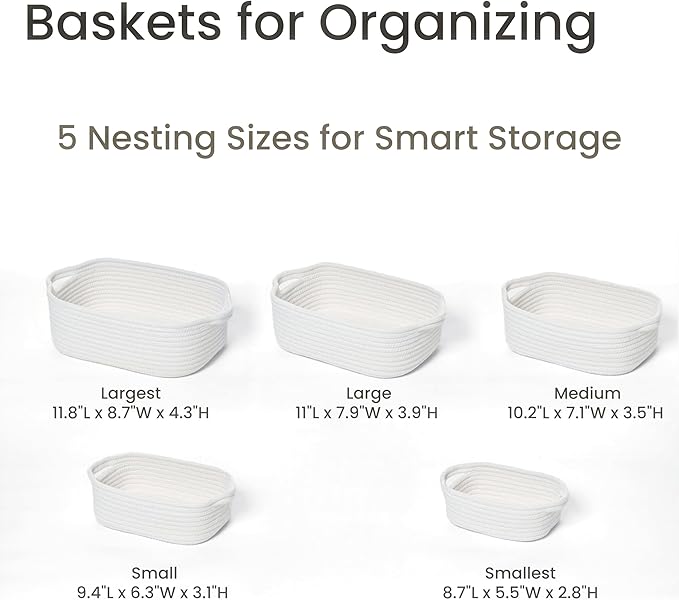 Storage Basket Set – 5-Piece Baskets for Organizing Home, Shelves, Nursery, Bathroom, Dog Toys, Small to Large Decorative Baskets – Off White