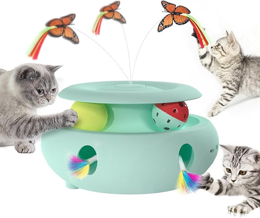 Cat Toys,3-in-1 Interactive Cat Toys for Indoor Cats,Rechargeable Automatic Interactive Cat Toy with Fluttering Butterfly,Smart Sensor 6 Holes Mice Whack-A-Mole and Track Balls,Blue