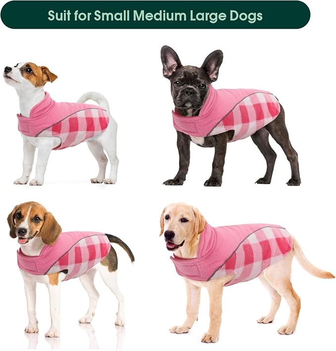 Kuoser Dog Winter Coat, Reversible Waterproof Dog Jacket with Leash Hole, Warm Dogs Fleece Vest Adjustable Doggy Cold Weather Clothes Plaid Christmas Outfit Pet Apparel for Extra Large Dogs, Pink 3XL
