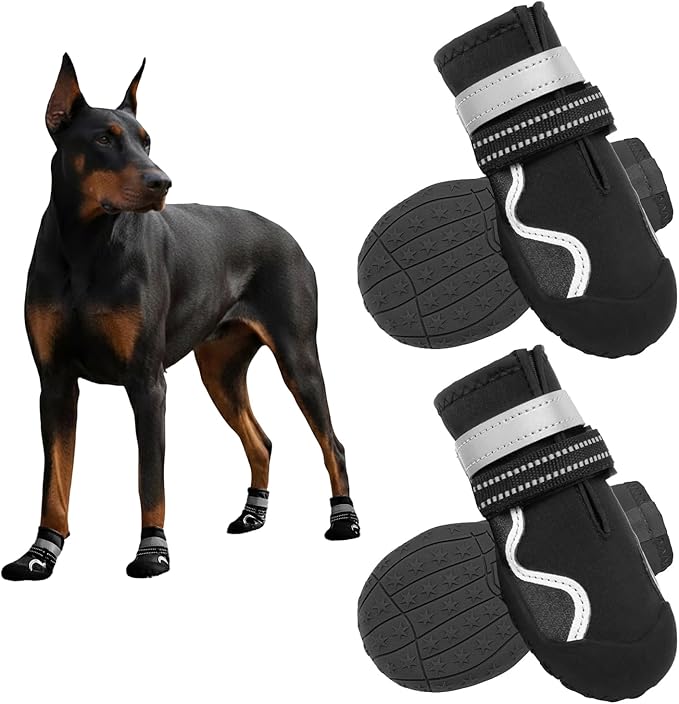 Dog Shoes Small Medium Large Size Dogs, Puppy Booties Paw Protector for Hot Pavement, Non-Slip Waterproof Rubber Reflective Strapped Boots (Black, Size 1#: (2.3 * 1.8) (L*W) for 11-23lbs)