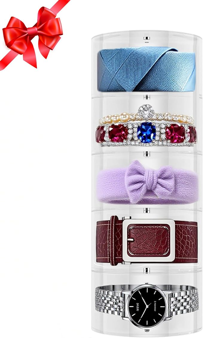 Belt Organizer, Acrylic Belt Organizer for Closet, 5 Layers Belt Box for Drawer, Stackable Belt Holder for Men, Belt Display Case for Ties, Watches, Jewelry, Gift for Husband, Family, Friends