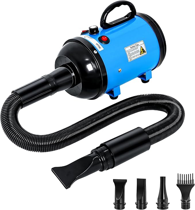 Dog Hair Dryer High Velocity Professional Dog Blow Dryer with Adjustable Speed Dog Pet Grooming Dryer Blower with 4 Nozzle 2 Blow Temperature（Blue