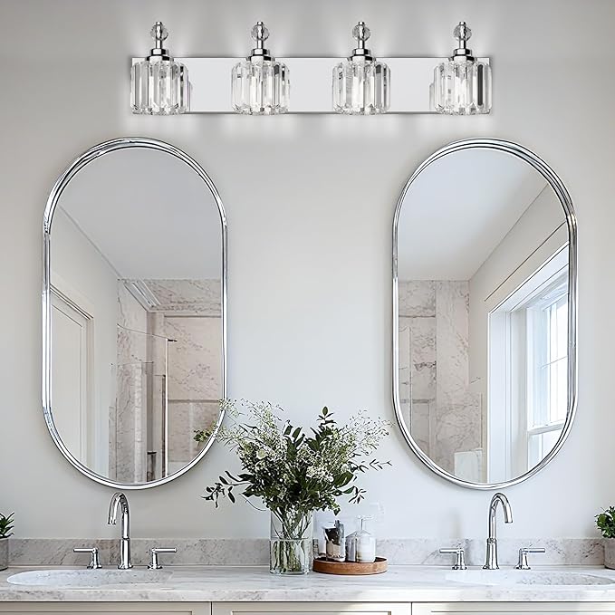 4-Light Bathroom Vanity Light - Crystal Bathroom Lighting Fixtures Over Mirror with 60w(Max) E12 Base, 56pcs Crystal Sheet, Chrome Vanity Lights for Bath Room