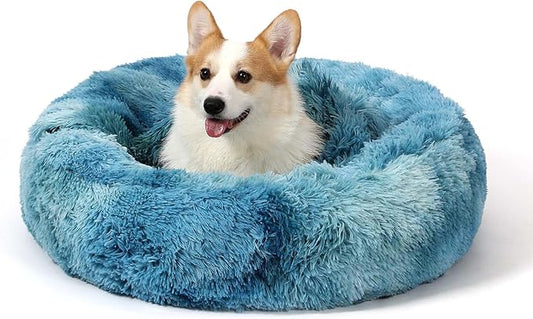 NOYAL Calming Dog Bed for Anxiety, Hooded Donut Cave with Blanket, Plush Fluffy Washable Pet Bed for Small Medium Dogs & Cats