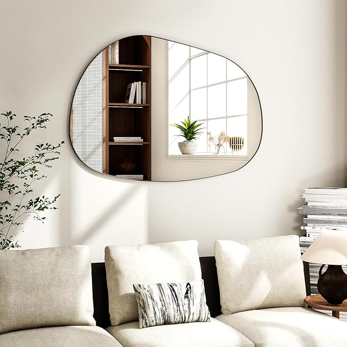36"x24" Bathroom Mirror for Wall, Irregular Bathroom Mirrors for Over Sink, espejos decorativos de pared, Modern Metal Framed Vanity Mirror for Bedroom, Entryway, Bathroom, Living Room, Black