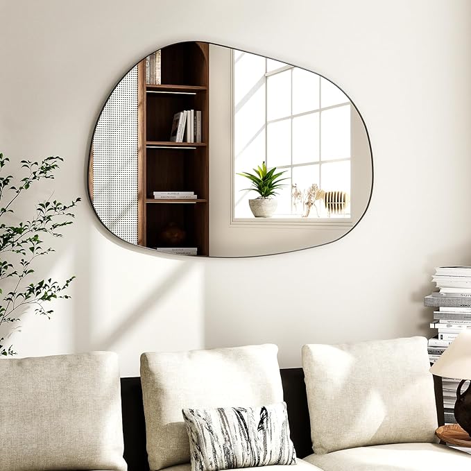 38"x26" Bathroom Mirror for Wall, Irregular Bathroom Mirrors for Over Sink, espejos decorativos de pared, Modern Metal Framed Vanity Mirror for Bedroom, Entryway, Bathroom, Living Room, Black