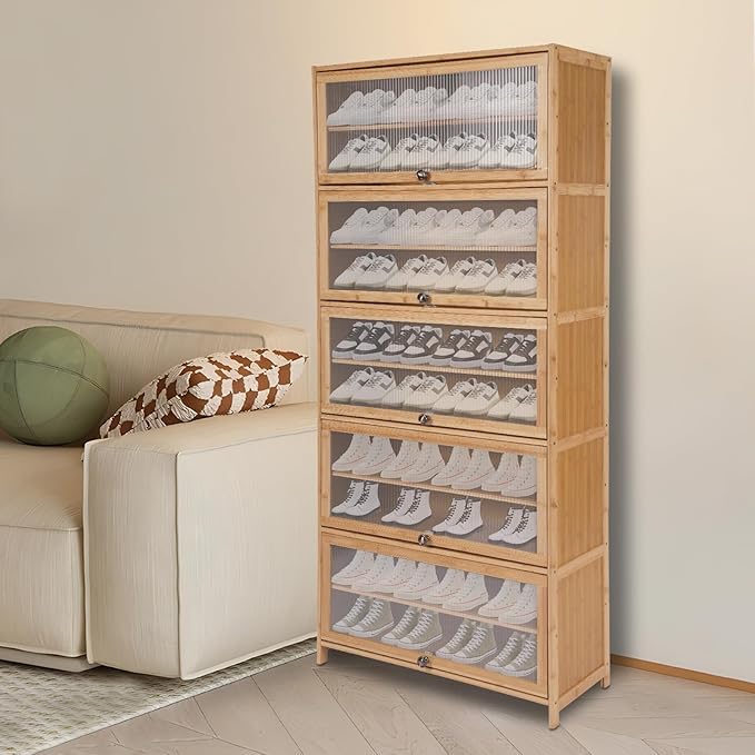 Tall Bamboo Shoe Cabinet with Doors, 10 Tier Large Capacity Shoe Rack Organizer, Narrow Freestanding Storage Shelf for Entryway, Hallway & Closet, Holds 40-45 Pairs (Brown)