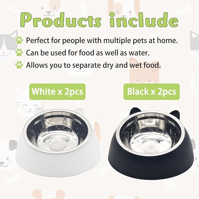 Hamiledyi Raised Cat Bowls, 4 PCS Tilted 15 Elevated Stainless Steel Food Bowls, Anti-Vomiting Spill Proof, Detachable for Puppies, Kittens, Rabbits (Black+White, 200ML)