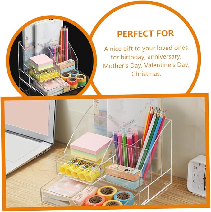 DECHOUS Desktop Acrylic Organizer with Drawer Transparent Multi-compartment Storage Case for Office Supplies Makeup and Items for Use