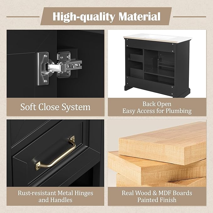 Christopher Knight Home Meril Bathroom Vanity with Ceramic Sink, Wooden Bathroom Storage Cabinet, Pedestal Sink Storage Cabinet, Bathoom Vanity Organizer, Adjustable Door Shelves+Drawer, Black