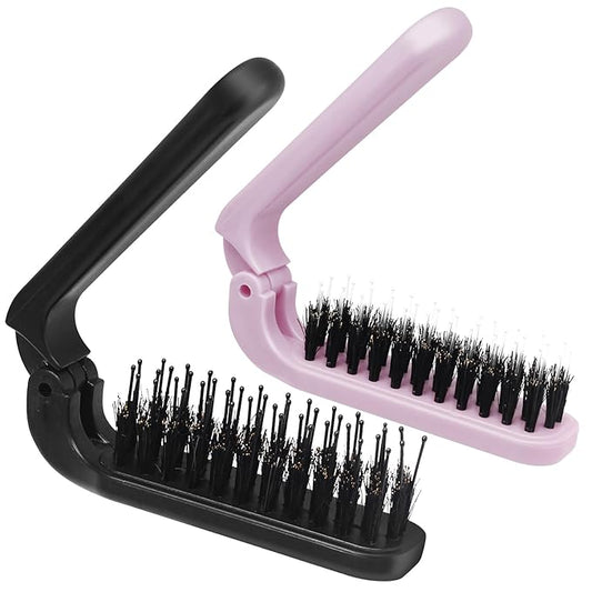 2 Pack Foldable Hair Brush Travel Hairbrush, Boar Bristle Hair Brush Portable Collapsible Pocket Comb for Women and Men, Suitable for Travel, Purse, Anti-Static Design (Black & Light Pink)