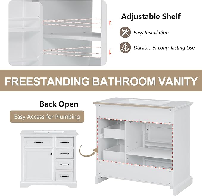 Christopher Knight Home 36" Bathroom Vanity with Ceramic Sink, Wooden Bathroom Vanity Organizer, Bathroom Storage Cabinet, Pedestal Sink Storage Cabinet, Adjustable Door Shelves+Drawer, White