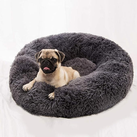 BODISEINT Faux Fur Dog Bed Cat Bed,Shag Round Anti-Anxiety Pet Calming Bed Doughnut Cuddler for Medium Large Puppy Dog Cat Kennel Cushion Self Warming Bed (28'' D x 8'' H, Dark Grey)