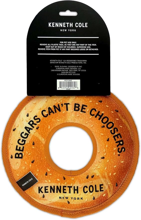 Kenneth Cole Stuffing-Free Durable New York Bagel Dog Toy – Chew-Resistant Nylon, Squeaker, Crinkle, and All-Day Play