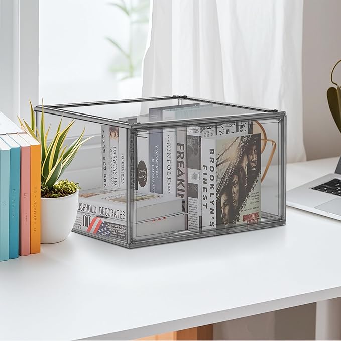 Shoe Storage Boxes Size 14, Acrylic Shoe Box Sneaker Display Case Plastic Stackable Shoes Boots Organizer with Magnetic Lid, 1 Pack,Black