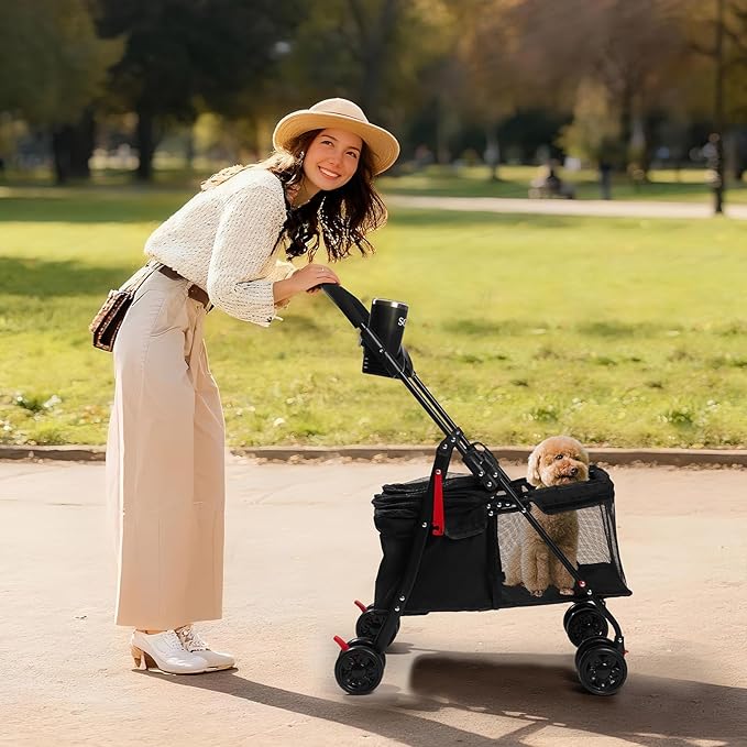 Foldable Pet Stroller for Small/Medium Dogs & Cats up to 22 lbs - Lightweight 4-Wheel Design with Sun Canopy, Storage Basket & Breathable Mesh Windows