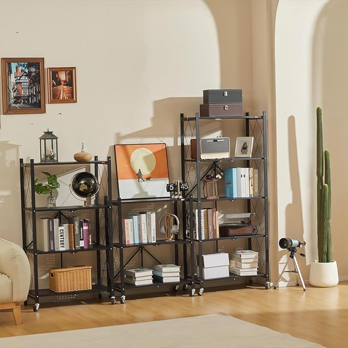DEANIC 3 Tier Foldable Storage Shelves with Wheels, Kitchen Appliance Stand, Freestanding Metal Wire Shelf Rack, No Assembly Organizer Rolling Cart for Garage, Basement, Pantry (Black)