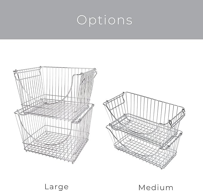 Smart Design Stacking Baskets with Handles - Set of 2 Large - Steel Metal Wire - Fruit Produce and Vegetable Safe Storage Bin Organizer - Pantry Counter Stand Rack - 12.5 x 8.5 Inch - Chrome