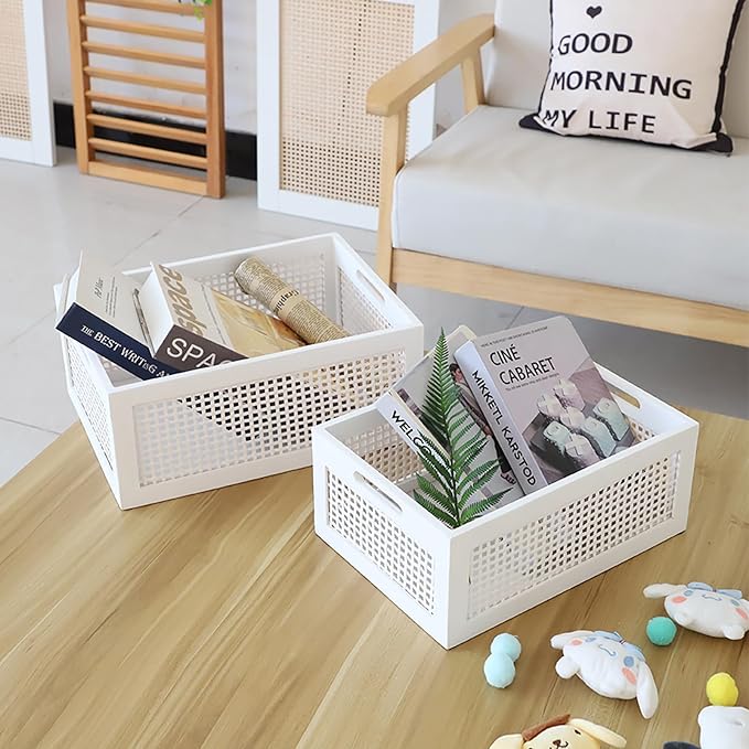Wood Storage Baskets, Rattan Storage Baskets, Desk Office Drawer Storage Box. (White-Set2)