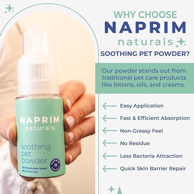 Naprim Naturals Soothing Pet Powder – Talc-Free Itch Relief for Dogs - Hot Spot Treatment, Dog Allergy Relief & Dry Shampoo for Dogs - Dog Paw Balm & Wound Care - First Aid for Sensitive Skin