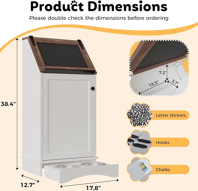 Dog Food Feeding Station Storage with Bowls, Pet Food Storage Cabinet with Flip-Top Blackboard, Hidden Trash Can, Pet Organizer Cabinet for Dog and Cat