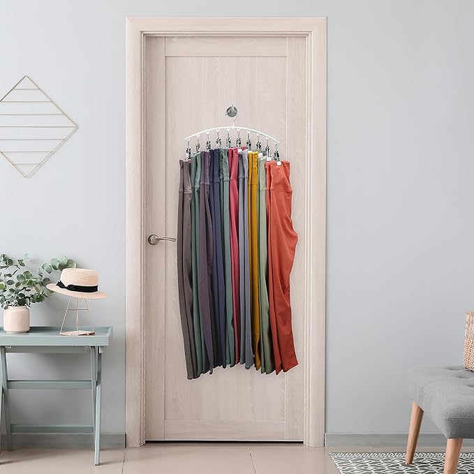 Legging Organizer for Closet, Metal Yoga Pants Hanger w/Rubber Coated 2 Pack w/10 Clips Hold 20 Leggings, Hangers Space Saving Hanging Closet Organizer for Closet Organizers and Storage-White