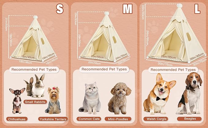 Standard Cat & Mini Dog Teepee Tent House (Int 20x20x20in/Ext 22x22x25in) for Standard Chihuahua, Shih Tzu, Tiny Pomeranian, Tiny Bichon Frise, Mini Poodle, Cotton Canvas & Stable Frame