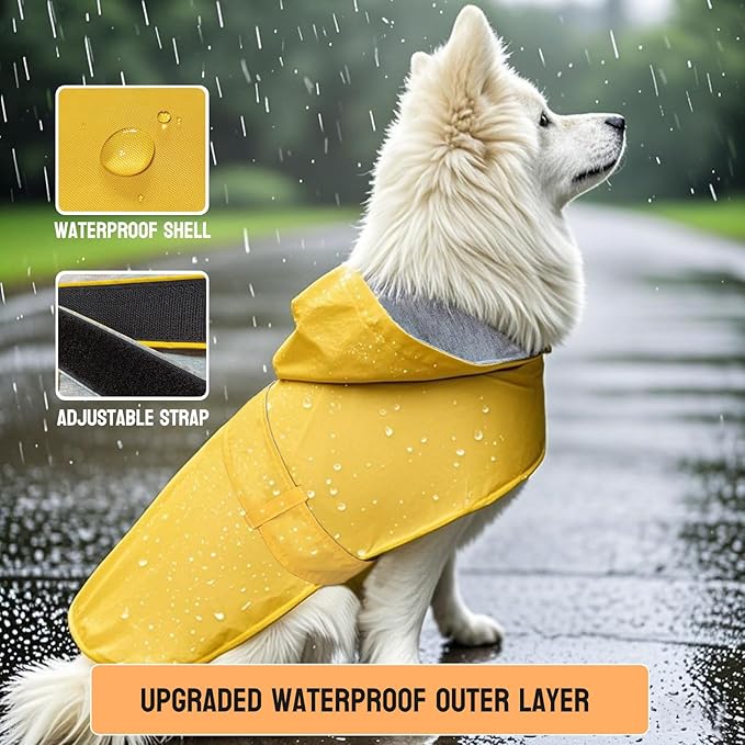 Dog Raincoat Dog Rain Jacket Poncho Waterproof Snowproof Pet Rain Suit Lined Warm Lining Hooded Leash Hole Adjustable Puppy Small Medium Dogs,Yellow,XL
