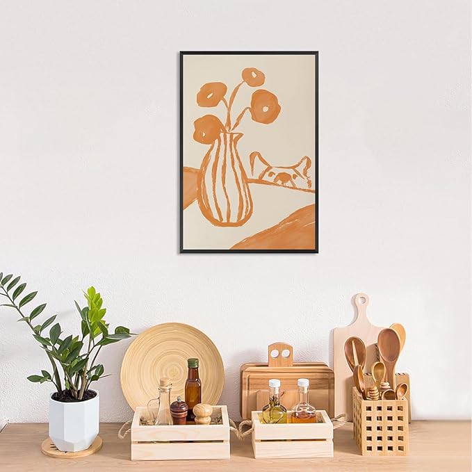 Funny Sneaky Dog Poster Retro Still Life Kitchen Canvas Wall Art Modern Abstract Floral Watercolor Animal Prints Painting For Living Room Kitchen Dining Room Wall Decor 12x16in Framed