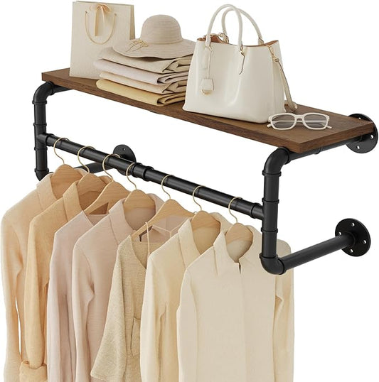 Yawinhe Industrial Pipe Clothes Rack with Top Shelf, Wall Mounted, Space Saving Hanger with 4 Bases, for Shops, Homes, 27.5''Lx10.2''Wx10.2''H, Rustic Brown, 1-Pack